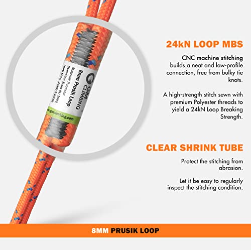 GM CLIMBING 8mm (5/16") Prusik Loop Pre-Sewn 18 inches / 24 inches - color: Orange-24 Inch