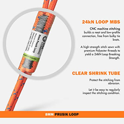 GM CLIMBING 8mm (5/16") Prusik Loop Pre-Sewn 18 inches / 24 inches - color: Orange-24 Inch