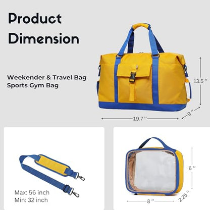 SUNNY BIRD Duffel with Utility Pouch, 40L Weekender Overnight Bag with Shoe Compartment for Travel and Sports (Yellow and blue) - color: Yellow and blue