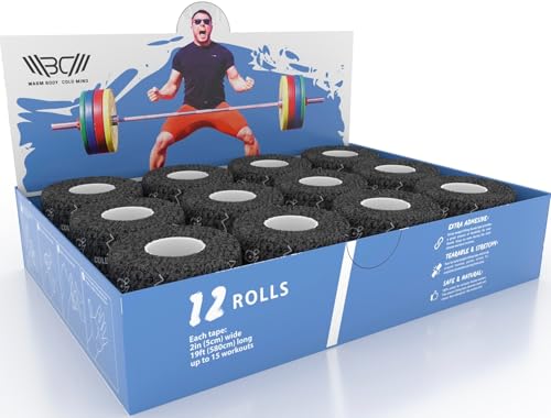 WARM BODY COLD MIND 1.85" Weightlifting Thumb Tape - Hook Grip Tape for Powerlifting, Cross Training, Gym Tape, Workout, Weight Lifting Tape, Athletic Finger Wrap (BlackFocus 12 Rolls) - color: 12 Rolls BlackFocus