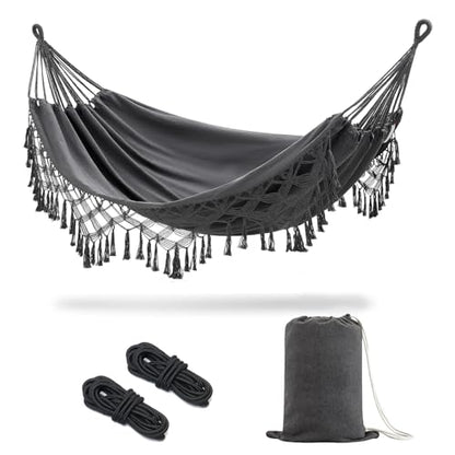 JoyView Boho Macrame Double Hammock with Hanging Ropes & Elegant Tassels 86.6x59 Portable Cotton Hammock for Patio Backyard Porch 450LBS Weight Capacity Perfect for Outdoor/Indoor - Dark Grey