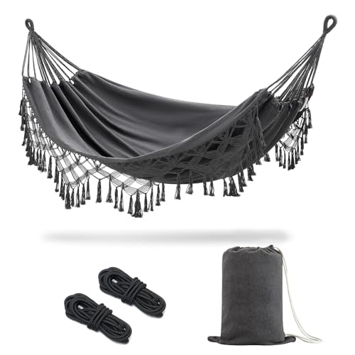 JoyView Boho Macrame Double Hammock with Hanging Ropes & Elegant Tassels 86.6x59 Portable Cotton Hammock for Patio Backyard Porch 450LBS Weight Capacity Perfect for Outdoor/Indoor - Dark Grey