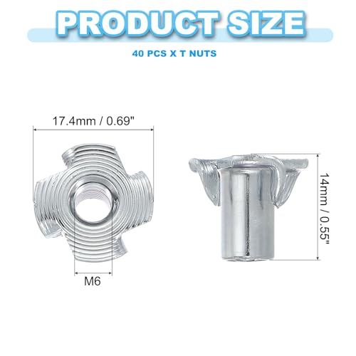 PATIKIL M6 T-Nuts, 40 Pcs Zinc Plated Steel 4-Pronged Tee Blind Nut 14 mm Length Four-jaw t Nuts Threaded Inserts Hardware for Wood Furniture Cabinetry Rock Climbing Holds - size: M6x14 mm