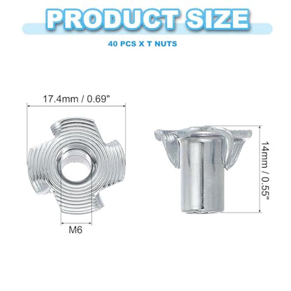 PATIKIL M6 T-Nuts, 40 Pcs Zinc Plated Steel 4-Pronged Tee Blind Nut 14 mm Length Four-jaw t Nuts Threaded Inserts Hardware for Wood Furniture Cabinetry Rock Climbing Holds - size: M6x14 mm