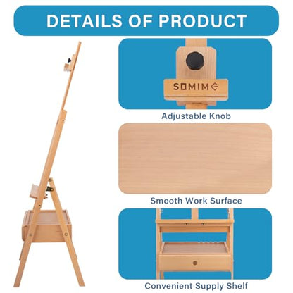 Large Beechwood H-Frame Studio Easel Stand with Storage Drawer, Natural | Height Adjustable to 35Inches High, Suitable for Painting, Sketching and Displaying - style: Basic Natural
