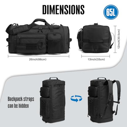 TUGUAN Large Baseball Softball Duffle Bag, 3 in 1 Baseball Equipment Duffel Backpack for Adult Youth, 65L Bat Bag with Shoes Compartment - 2 Bat Sleeves Fence Hook Hidden Dual Straps - color: Black