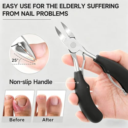Toenail Clippers for Seniors, Heavy Duty Thick Nails Fingernail Clipper, Ergonomic Long Handle Angled Head Large Nail Cutter with Catcher for Men Women Manicure Set with Travel Case, 5Pcs