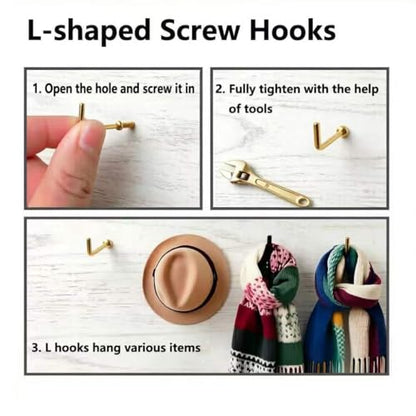150 PCS 7 Shaped Right Angle Screw Hooks Sets,Gold 6 Sizes Screw in L Shaped Hooks for Hanging Lamp,Plants,Decorations,kitchenware and DIY Crafts,(1/2",5/8",3/4",7/8",1",1-1/4") - size: Gold 6sizes 150pcs