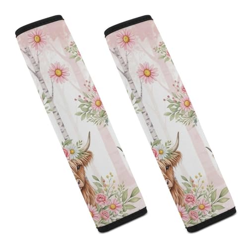 2PCS Pink Cattle Daisy Highland Cow Seat Belt Cover Breathable Automotive Seat Belt Protector for Adult Use, Most Cars, Pressure Relief - color: Pattern 896