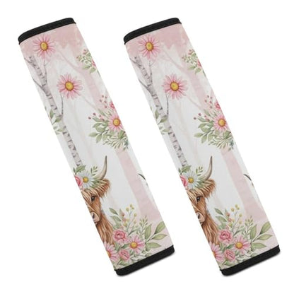 2PCS Pink Cattle Daisy Highland Cow Seat Belt Cover Breathable Automotive Seat Belt Protector for Adult Use, Most Cars, Pressure Relief - color: Pattern 896