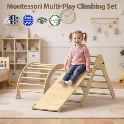 Large Pikler Triangle Set, 7-in-1 Toddler Climbing Toys Indoor, Wooden Montessori Climbing Set with Arch Ramp Ladder, Foldable Baby Jungle Gym Playground (Wood) - color: Wood