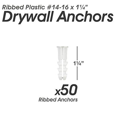 Premium Quality Ribbed Plastic Drywall Wall Anchors (#14-16 x 1-1/4") - size: #14-16 x 1-1/4”, style: Standard Pack