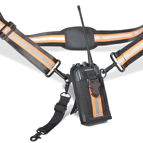 HYS Nylon Elastic Pouch Holster Case W/Adjustable Anti-Sway/Shoulder Strap | Reflective Radio Strap W/Padded Non-Slip for Remote Speaker Mic, for Motorola AXP XTS, and XPR’s Kenwood NX ICOM ID-52 - color: Orange