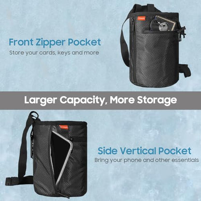 MoKo Climbing Chalk Bag with Chalk Brush, Waterproof Nylon Bouldering Chalk Bag Bucket with 2 Large Zippered Storage Pockets Drawstring Closure Adjustable Belt Chalk Bag for Climbing Gymnastics - color: Black, style: Straight