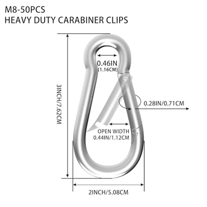 Heavy Duty Spring Snap Hook Carabiners, Galvanized Steel Quick Links, Spring Clips in Black & Silver, Multiple Sizes: 1.6Inch/2Inch/2.4Inch/3Inch/4Inch, for Swing Hammock Camping Keychain Outdoor - size: M8-50PCS, style: Silver