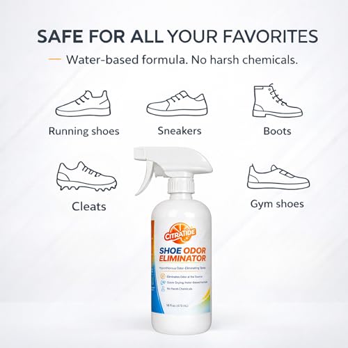 Shoe Odor Eliminator Spray – Water-Based Deodorizer & Sneaker Refresher – Neutralizes Odors in Gym Shoes, Boots, Cleats & Work Shoes – Fresh Athletic Formula – 16 oz