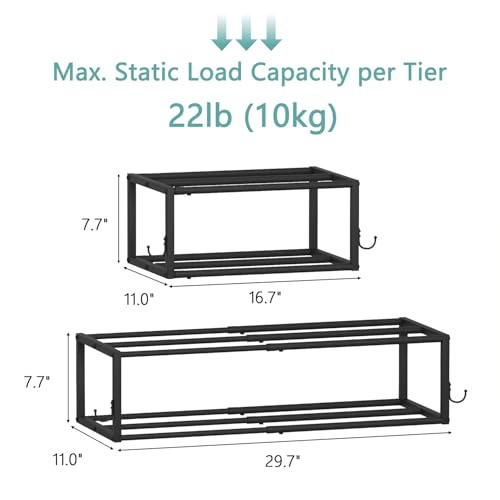 2 Pack Wall Mounted Shoe Rack, Expandable 16-29" with 4 Hooks | 2-Tier Metal Adjustable Hanging Shoe Rack Organizer Holds 16 Pairs for Entryway, Closet, Bedroom, Garage or Small Spaces - size: 29.72" W x 11" L x 7.68" H