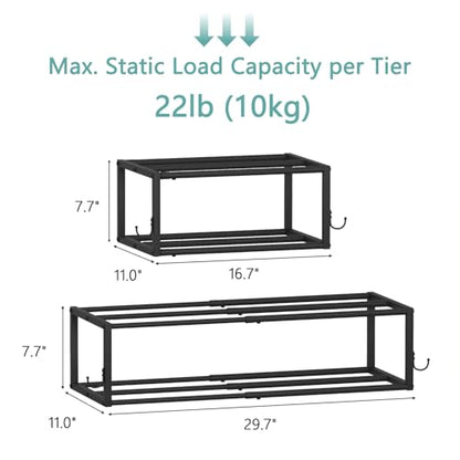 2 Pack Wall Mounted Shoe Rack, Expandable 16-29" with 4 Hooks | 2-Tier Metal Adjustable Hanging Shoe Rack Organizer Holds 16 Pairs for Entryway, Closet, Bedroom, Garage or Small Spaces - size: 29.72" W x 11" L x 7.68" H