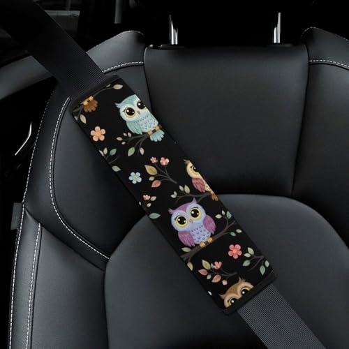 2PCS Breathable Seat Belt Cover for Adults and Children, Most Cars, Colorful Owls Cute Owl Shoulder Harness Cover, Shock Absorption - color: Pattern 565