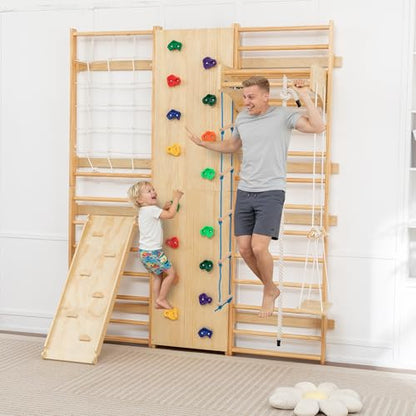 10-in-1 Swedish Ladder Indoor Jungle Gym for Kids Ages 3–12, 500 LBS Wooden Wall-Mounted Climbing Set with Slide, Swing, Rings, Monkey Bars – Montessori Play & Fitness Playground - size: 10-in-1
