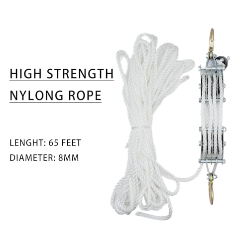 Poly Rope Hoist Pulley Block, 4000 lbs | 65 Feet of 3/8", 7:1 Lifting Power, Lift Furniture, Motorcycles, Bicycles