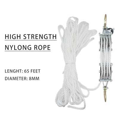Poly Rope Hoist Pulley Block, 4000 lbs | 65 Feet of 3/8", 7:1 Lifting Power, Lift Furniture, Motorcycles, Bicycles