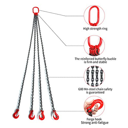 Pindex 1/4 Inch X 5 Ft Chain Slings for Lifting, G80 Alloy Steel Lifting Sling Hoist 3 Ton with 4 Leg Grab Hooks, 5 Feet - size: 5Ft 3T G80 Alloy