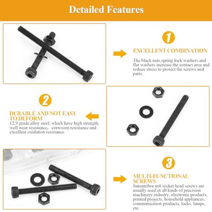 185 Pieces M4 x 30/35/40/45/50mm Hex Socket Head Cap Screws Nuts Washers Set Black, Sutemribor M4 Long Screws, M4 Black Screws Nuts Washers Assortment Kit, 12.9 Grade Alloy Steel, Fully Threaded - size: M4 x 30/35/40/45/50mm Kit, style: Socket Head