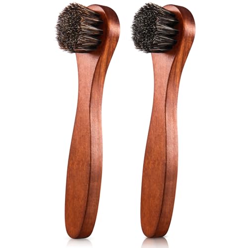 2 Pcs Horsehair Shine Shoes Brush Kit Polish Dauber Applicators Cleaning Leather Shoes Boots Care Brushes Suede Cleaner Brush(Brown Long Handle) - style: Brown Long Handle