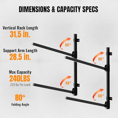 2-Tier Foldable Kayak Wall Mount Rack | Space-Saving Swing-Away Design - Heavy Duty Thickened Steel Storage Hanger for Kayaks, Canoes, 304 Stainless Steel Screw - size: Folding Wall Mount for 2 kayaks-H31.5"