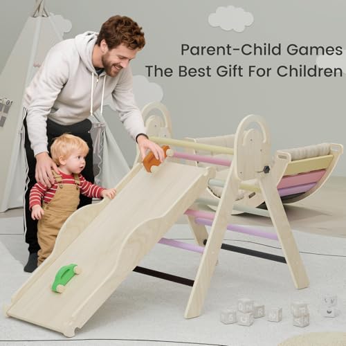 Pikler Triangle Set, Baby Climbing Playset Toys Indoor, Jungle Gyms for Toddlers Ages 1-4, Toddler Climbing Playground with Cushion & Toy Car - color: Purple