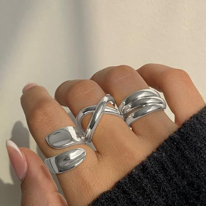 YEEZII Chunky Gold Rings for Women Non Tarnish, 18K Gold Plated Stackable Thumb Ring, Statement Women Rings Set - color: Silver