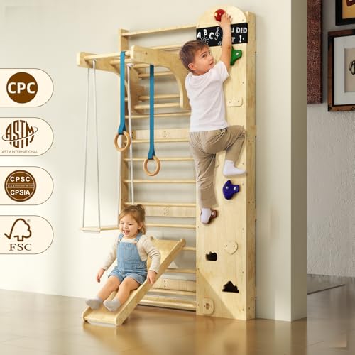Swedish Ladder 7-in-1, Indoor Wooden Playground, Rock Climbing Wall for Kids and Adults, Kids Indoor Playset, Wooden Jungle Gym, for All Levels and Abilities