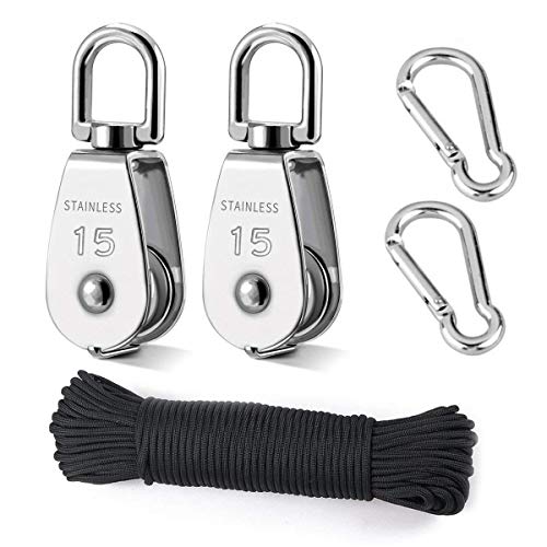 TooTaci 15mm Crane Pulley Block Swivel Hook Single Pulley Block Hanging Wire Towing Wheel 304 Stainless Steel - 20 Meter Nylon Pulley Line Rope & Carabiner Snap Hook Clips - 2Pcs - size: 4MMrope*M15*2