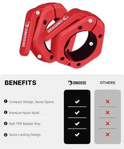 DMoose Fitness Barbell Clips 2 Inch (Pair) - Quick Release Olympic Barbell Clamps & Collars with Anti Slip TPR Grip for Secure Weightlifting and Powerlifting - Weight Clips for Bars at Home or Gym - color: Red, style: Non Magnetic