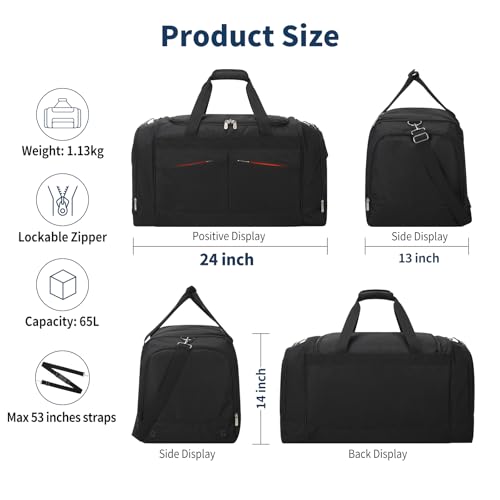 24 inch Large Gym Bag for Men - 65L Hard Bottom Duffle Bag with Shoes Compartment for Sport/Travel - Black - color: Black