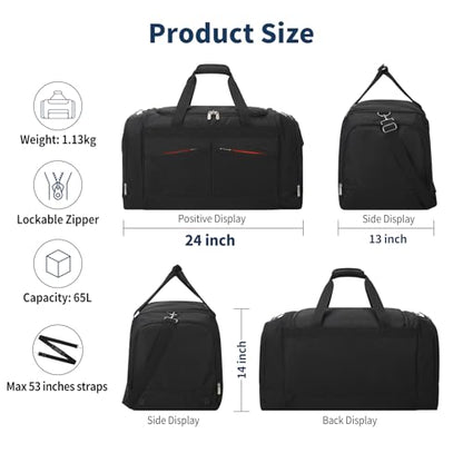 24 inch Large Gym Bag for Men - 65L Hard Bottom Duffle Bag with Shoes Compartment for Sport/Travel - Black - color: Black