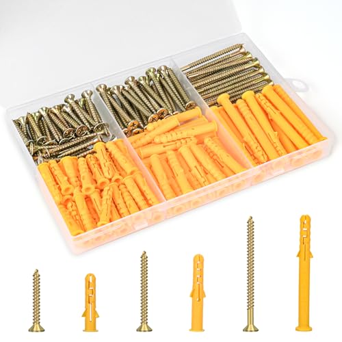 Aovchei Drywall Anchors Kit, 170pcs, 85 Plastic Drywall Anchors and 85 Philips Flat Head Screws, 3 Size #6 * 30#6 * 40#6 * 60, Wall Hanging Kit for Hanging Picture Frame, Shelf Brackets, Curtain Rod - size: #6*30 #6*40 #6*60