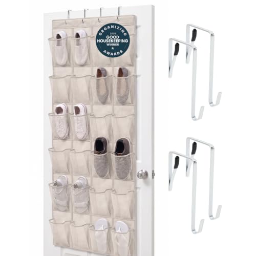 GORILLA GRIP Over the Door Shoe Organizer, 24 Large Breathable Mesh Pockets, Space Saving Hanging Storage Holder, Closet Rack Hanger Holds Up to 40 lbs, Hangs on Closets for Shoes, Accessories, Linen - color: Linen, size: 24 Pockets/4 Hooks