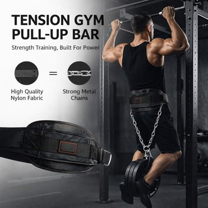 Fitness Dip Belt with Waist Chain, Nylon and Metal Weight Belt for Strength Training, Black - Durable Design, Adjustable Chains for Gym Power Building