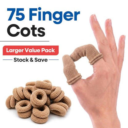 75 Pack Cotton Finger Cots, Finger Protectors Sleeves for Cuts, One Size | Breathable (no sweating), Double sided protection, Closed fingertip cover, Cotton Spandex, Great for Gardening, Work, Fitness