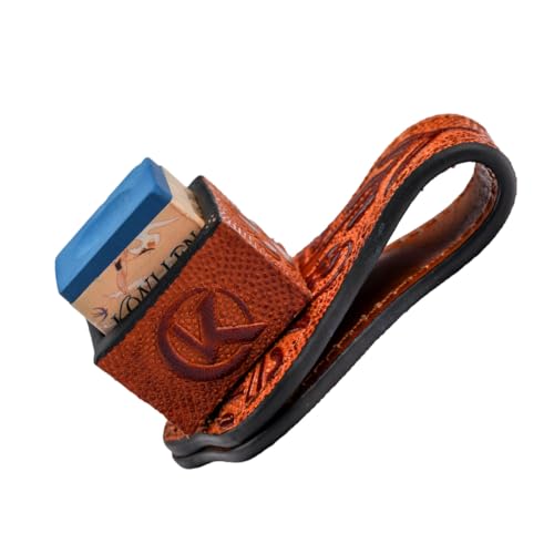 KONLLEN Leather Magnetic Chalk Holder, Pool Cue Accessory | Round or square engraved leather holder keeps billiard chalk secure and easy to reach during pool play. - color: VT Holder-Brown-Blue chalk