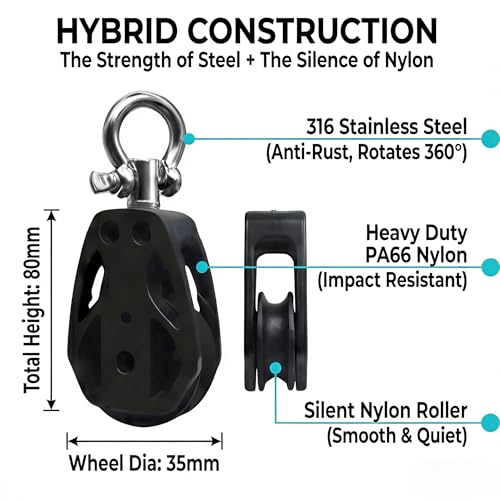 Helffer Single Pulley Block (35mm / 50mm), Lockable 360° Swivel & Heavy Duty Silent Nylon Wheel with T316 Stainless Steel Hardware for Gym Cable, Garage Hoist & Marine Rigging - size: 35mm Wheel, style: 2 Pack