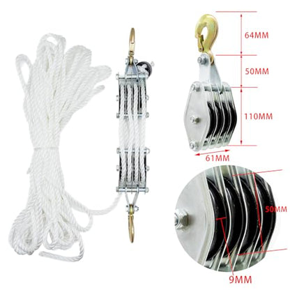 Poly Rope Hoist Pulley Block, 4000 lbs | 65 Feet of 3/8", 7:1 Lifting Power, Lift Furniture, Motorcycles, Bicycles