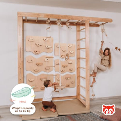 Wood And Hearts 7-in-1 Swedish Ladder Big Bridge Indoor Gym for Kids Active Play – Monkey Bars, Climbing Wall, Rope Accessories & Play Mats (6 Climbing Wall Panels)