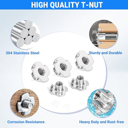 15 Pack 3/8-16 T-Nuts, 304 Stainless Steel 4-Pronged Tee Nut for Wood, Rock Climbing Holds, Cabinetry,Furniture - size: 3/8-16