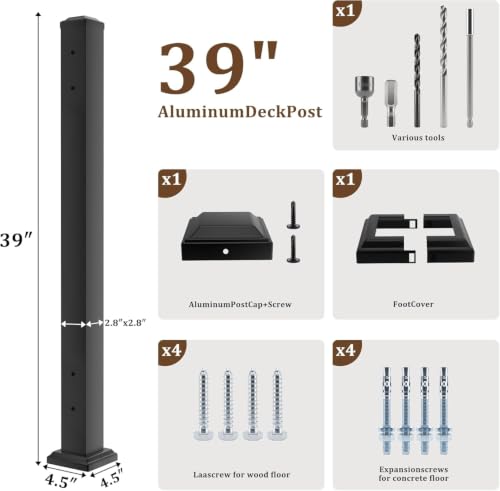 Aluminum 2.8 in. x 2.8 in. x 39 in.Railing Post with Screws, Porch and Deck Railing Post,Fence Poles for Decks, Stair Railing Porches（Terminal Column） - size: 39 In Post(Terminal )