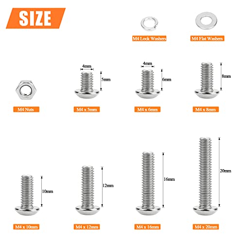 HELIFOUNER 380 Pieces M4 x 5mm /6mm /8mm /10mm /12mm /16mm /20mm, Button Head Socket Cap Screws Bolts Washers Nuts Kit, 304 Stainless Steel - size: M4, style: Button Head Socket Cap