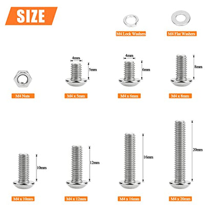 HELIFOUNER 380 Pieces M4 x 5mm /6mm /8mm /10mm /12mm /16mm /20mm, Button Head Socket Cap Screws Bolts Washers Nuts Kit, 304 Stainless Steel - size: M4, style: Button Head Socket Cap