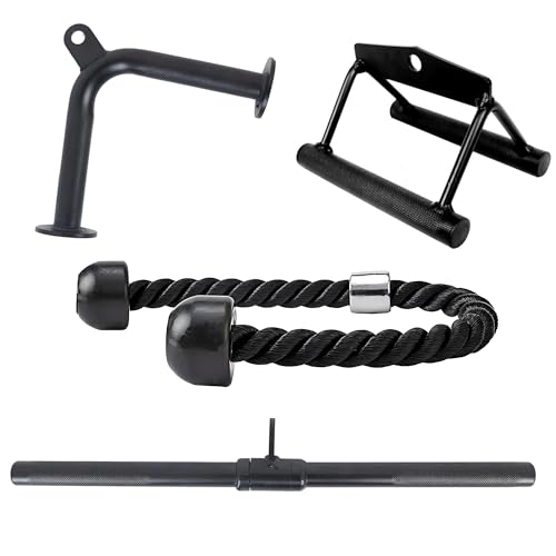 Fitvids Cable Attachment Set 800LB LoadCapacity Tricep Rope, Row Handle, StraightBar, V Bar Commercial Grade Cable MachineAccessories for Home Gym Workouts - size: 4-Piece Set-Black